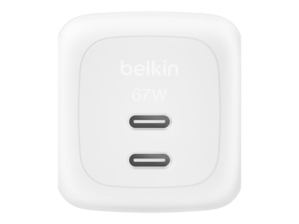 Belkin BoostCharge Pro - Adaptador de alimentação - GaN - 67 Watt - Fast Charge - 2 conectores de saída (2 x USB-C) - branco - com cabo USB-C (2 m)