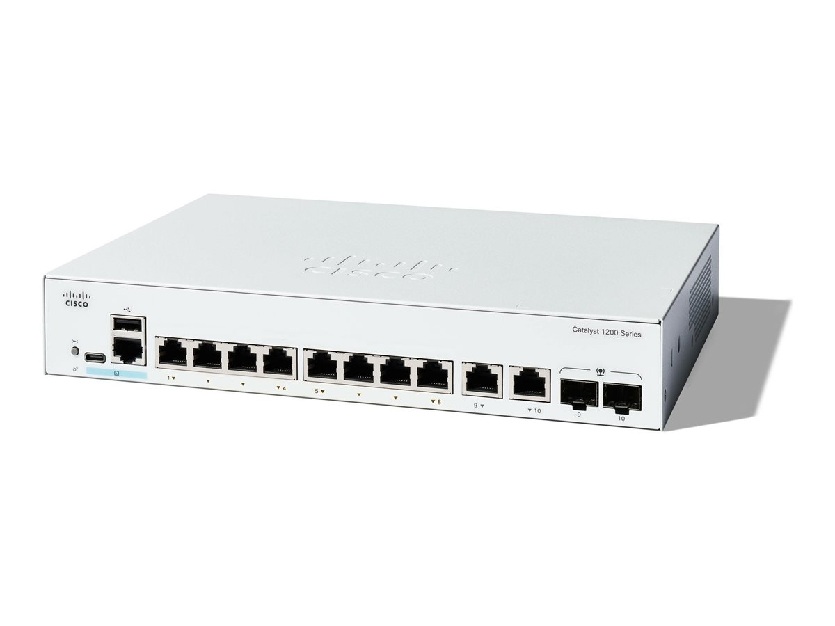 Cisco Catalyst 1200-8T-E-2G - Interruptor - Ethernet Gigabit - L3 - inteligente - 8 x 10/100/1000 + 2 x combo Gigabit SFP/RJ-45 - desktop, montável em trilho