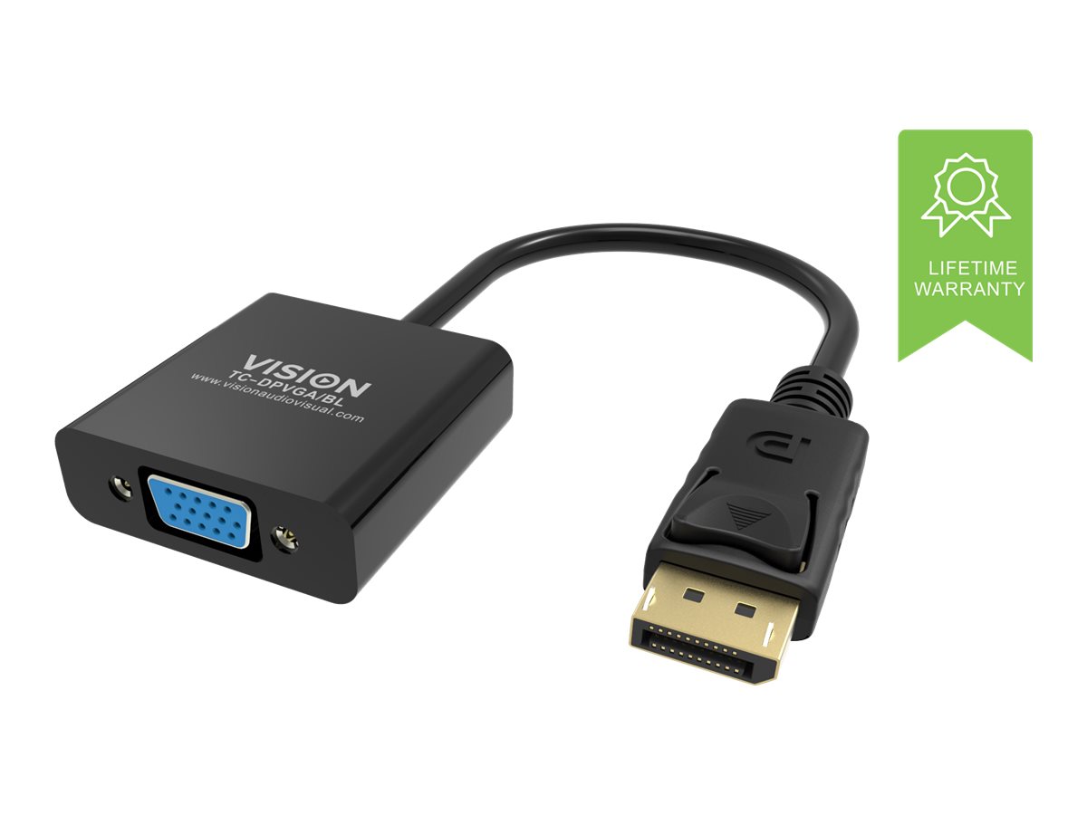 DisplayPort to VGA adaptor - maximum resolution 1920 x 1080 - does not convert VGA to DP - hotplug - DP (m) to VGA (f) - overall length 150 mm - outer diameter 5.5 mm - 32 awg - black