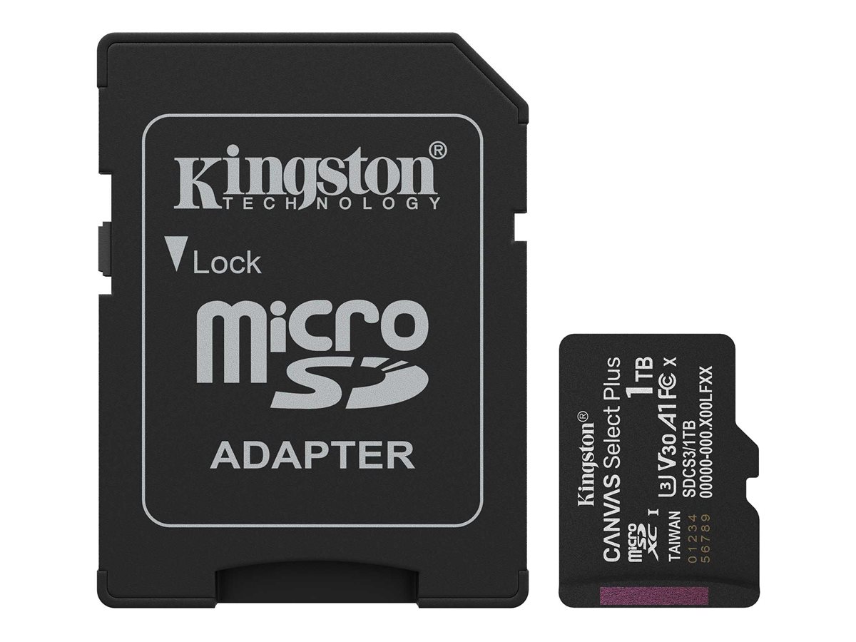 Kingston Canvas Select Plus - Cartão de memória flash (adaptador SD Incluído) - 1 TB - A1 / Video Class V30 / UHS-I U3 / Class10 - microSDXC UHS-I