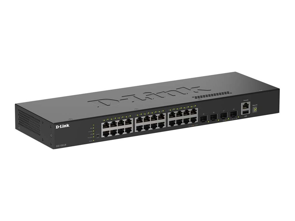 D-Link SmartPro DGS-1530-28 - Interruptor - inteligente - 24 x 10/100/1000 + 4 x 10 Gigabit SFP+ - desktop, montável em trilho