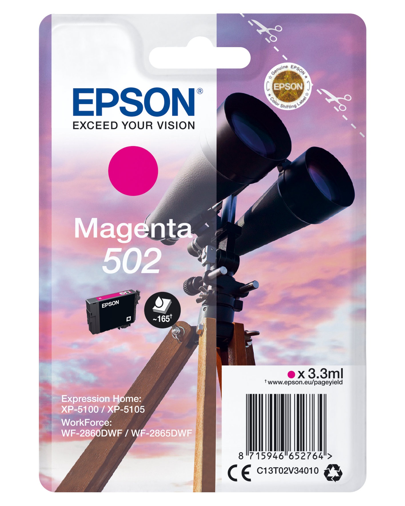 Epson 502 - 3.3 ml - magenta - original - blister com RF/alarme acústico - tinteiro - para Expression Home XP-5100, XP-5150, WorkForce WF-2860, WF-2865DWF, WF-2880DWF, WF-2885DWF