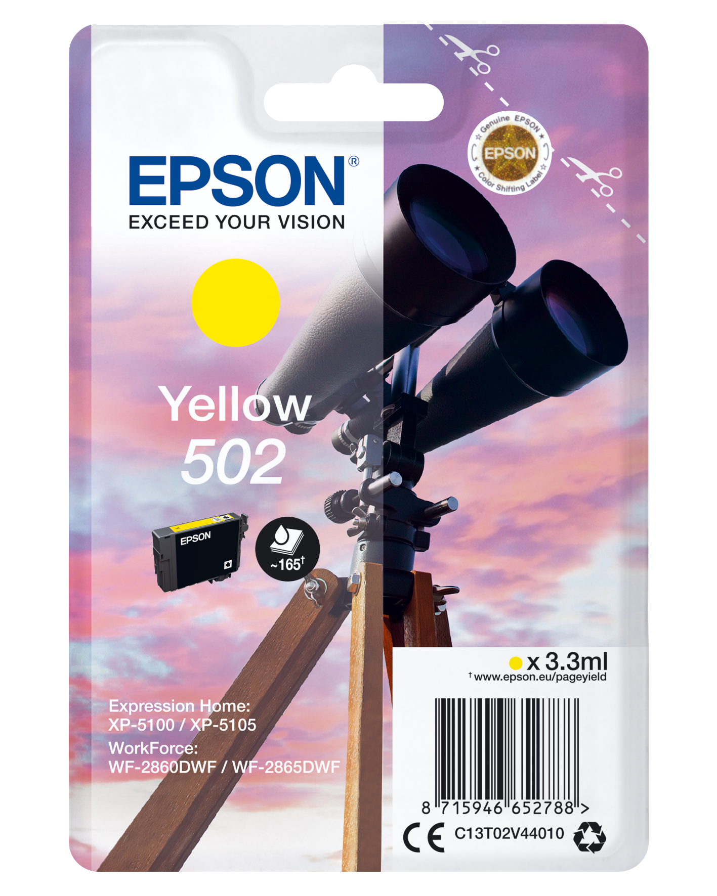 Epson 502 - 3.3 ml - amarelo - original - blister com RF/alarme acústico - tinteiro - para Expression Home XP-5100, XP-5150, WorkForce WF-2860, WF-2865DWF, WF-2880DWF, WF-2885DWF