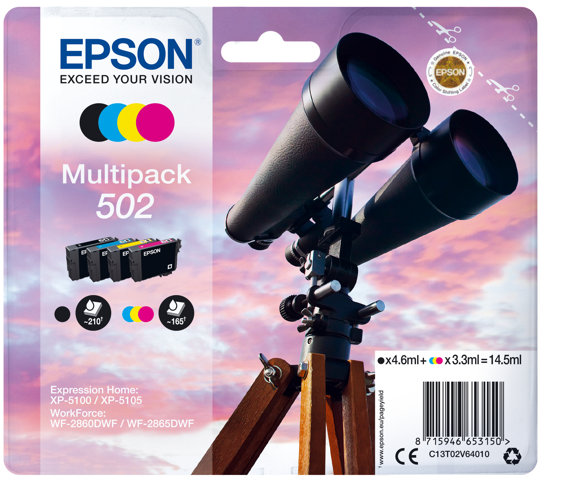 Epson 502 Multipack - Pack de 4 - 14.5 ml - preto, amarelo, azul cyan, magenta - original - blister com RF/alarme acústico - tinteiro - para Expression Home XP-5100, XP-5150, WorkForce WF-2860, WF-2865DWF, WF-2885DWF
