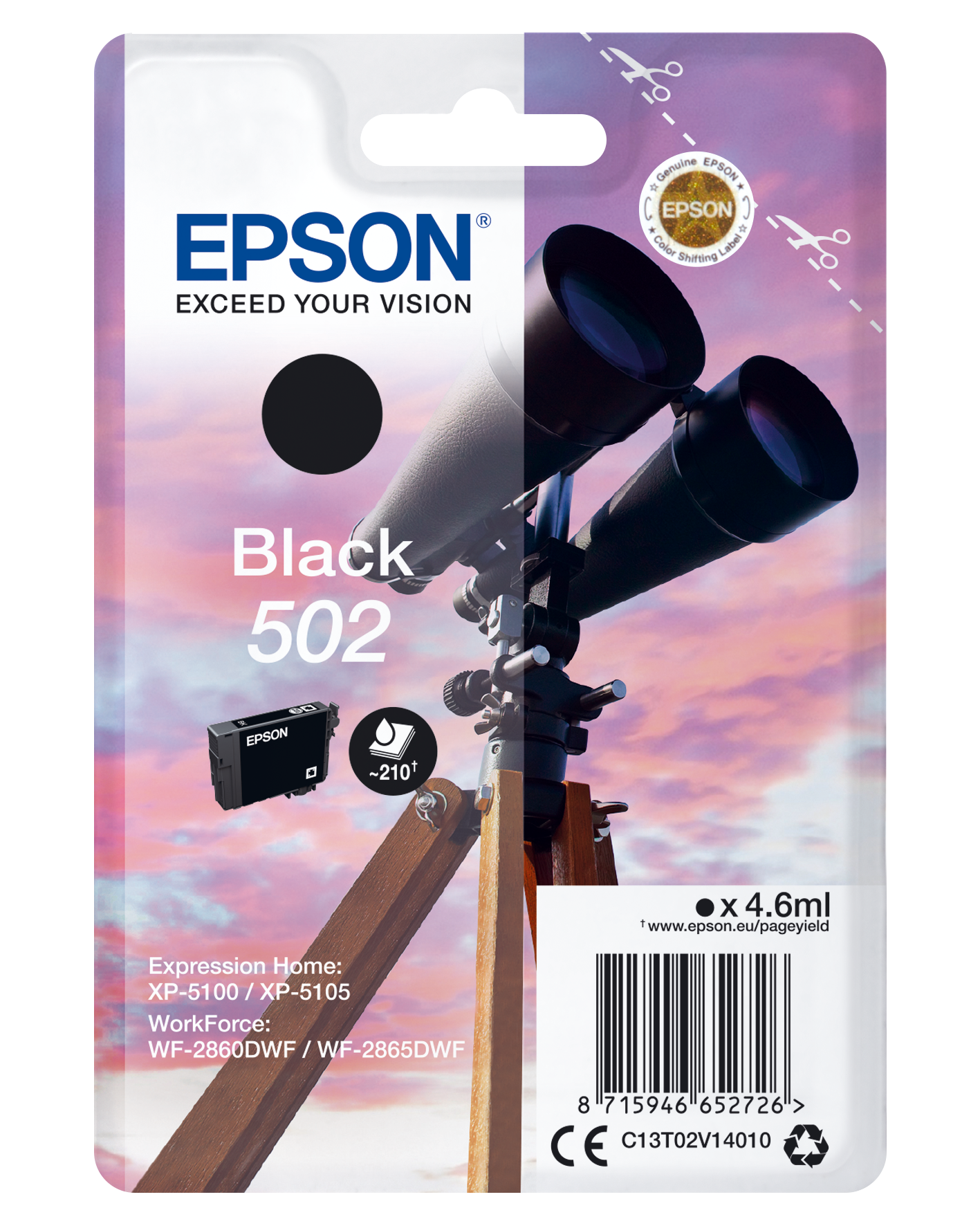 Epson 502 - 4.6 ml - preto - original - blister - tinteiro - para Expression Home XP-5100, 5105, 5150, 5155, WorkForce WF-2860, 2865, 2880, 2885