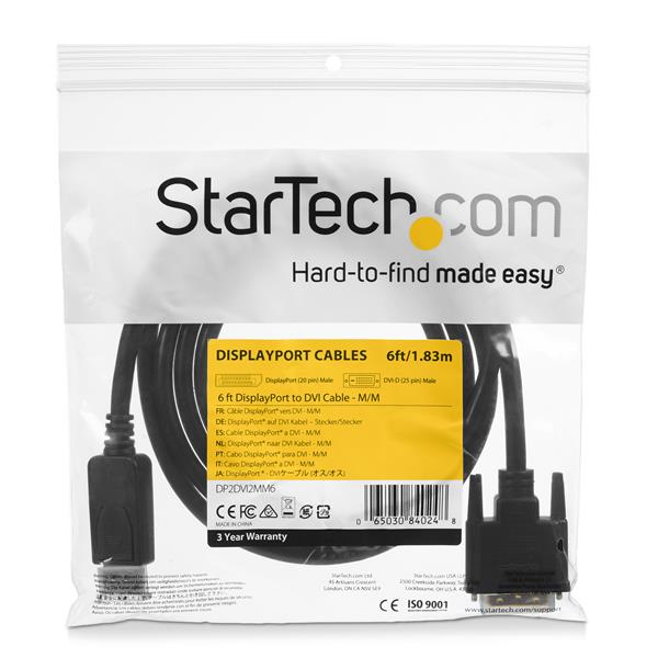 StarTech.com DisplayPort to DVI Cable - 6ft / 2m - 1920 x 1200 - M/M DP to DVI Adapter Cable Passive DisplayPort Monitor Cable (DP2DVI2MM6) - Cabo adaptador - DVI-D (M) para DisplayPort (M) - 1.8 m - preto - Image 6