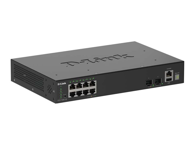 D-Link SmartPro DGS-1530-10 - Interruptor - inteligente - 8 x 10/100/1000 + 2 x 10 Gigabit SFP+ - desktop, montável em trilho