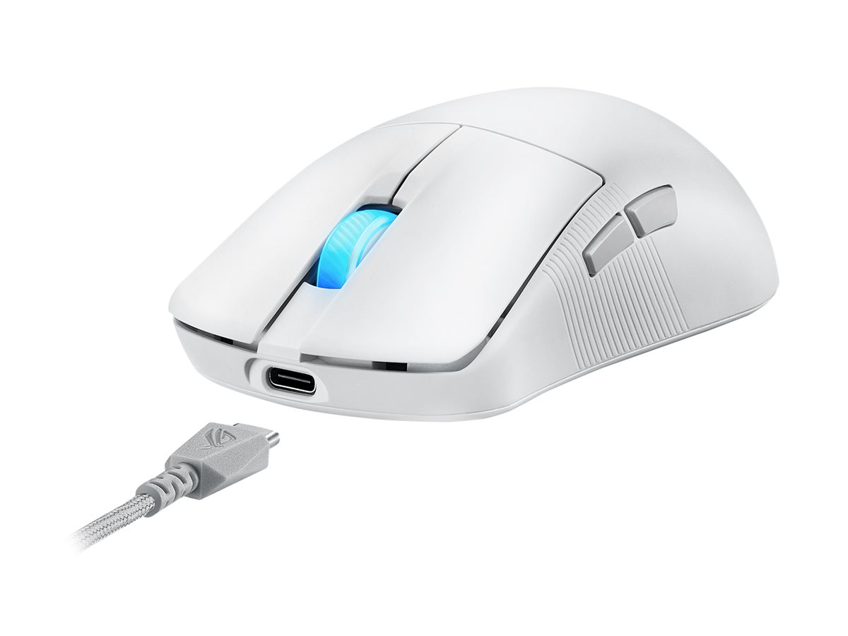ASUS ROG Harpe Ace Mini - Rato - ergonómico - destros e canhotos - óptico - 5 botões - com cabo, sem fios - USB 2.0, Bluetooth 5.1, 2.4 GHz - recetor sem fios USB ROG Omni - branco luar