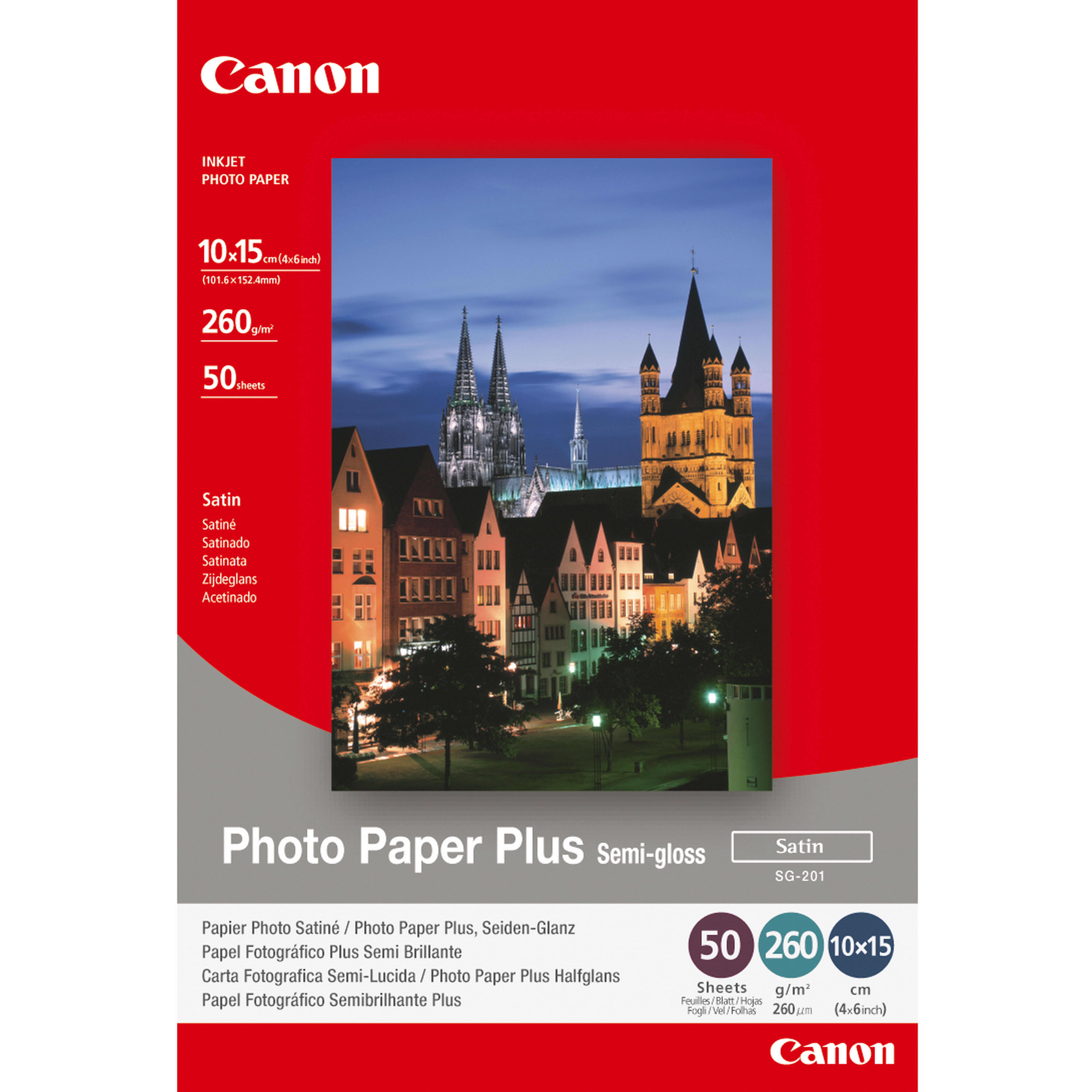 Canon Photo Paper Plus SG-201 - Cetim semi-brilhante - 101.6 x 152.4 mm - 260 g/m² - 50 folha(s) papel fotográfico - para PIXMA iP3680, iP4850, MG8250, MP198, MP228, MP245, MP252, MP258, MP476, TS7450, S450