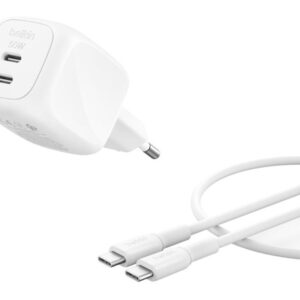 Belkin BoostCharge Pro - Adaptador de alimentação - GaN - 50 Watt - Fast Charge - 2 conectores de saída (2 x USB-C) - branco - com Cabo USB-C (1m)