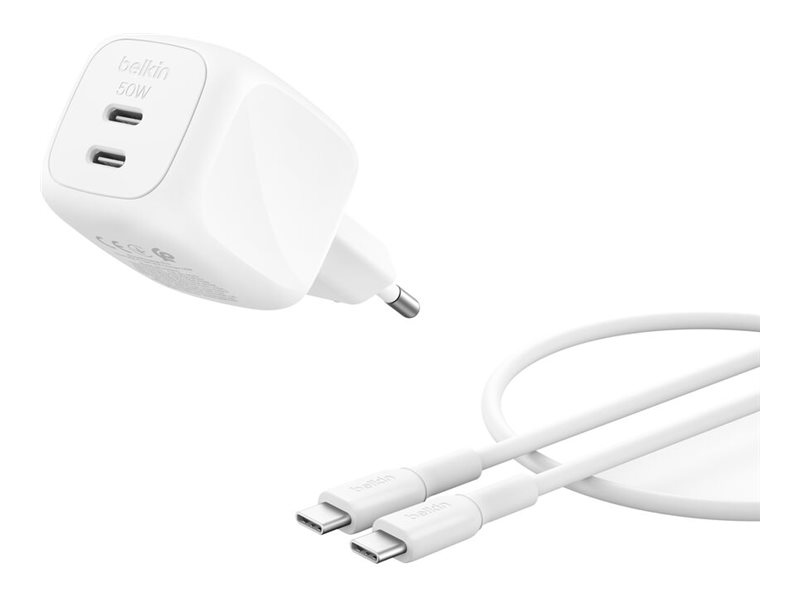 Belkin BoostCharge Pro - Adaptador de alimentação - GaN - 50 Watt - Fast Charge - 2 conectores de saída (2 x USB-C) - branco - com Cabo USB-C (1m)