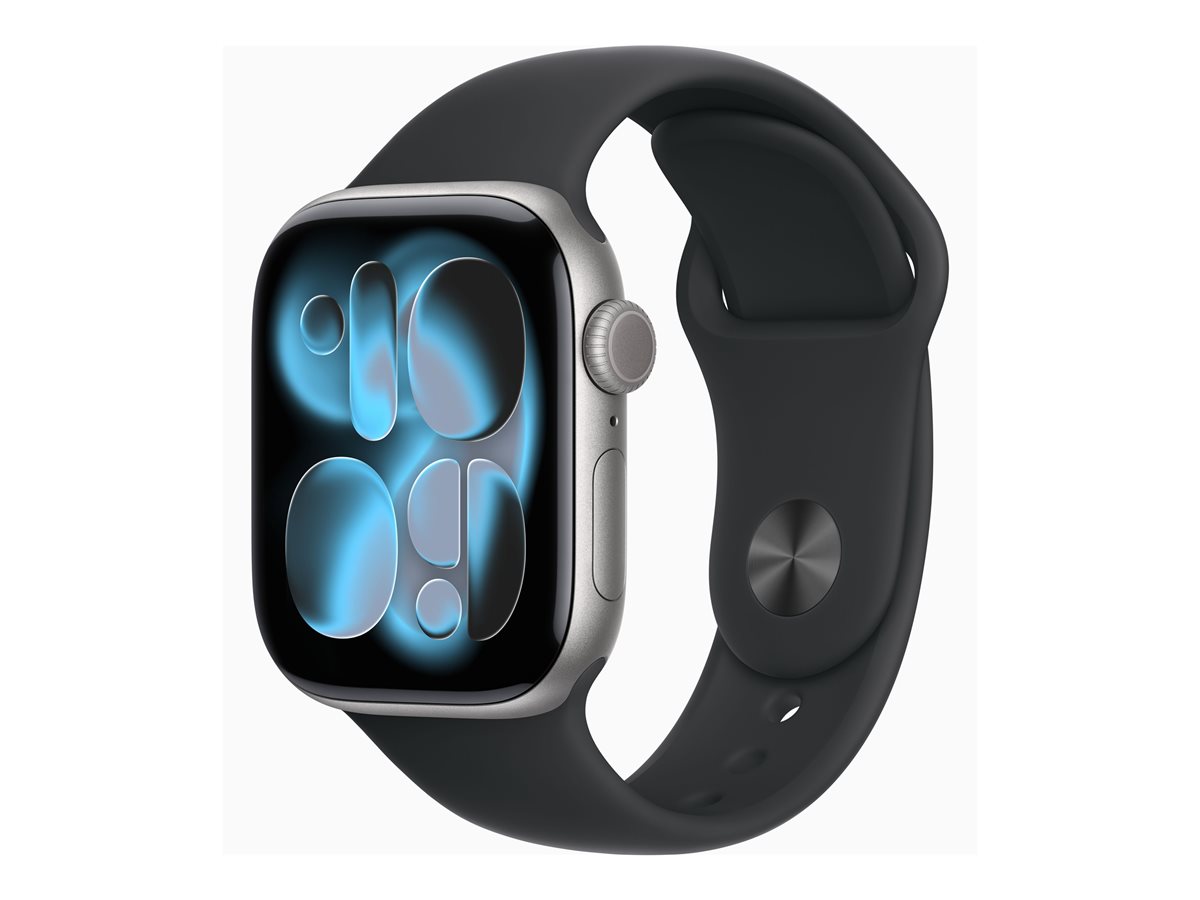 Apple Watch Series 11 (GPS + Cellular) - 42 mm - alumínio cinzento espaço - relógio inteligente Com banda de desporto - fluoroelastómero - preto - tamanho da banda: S/M - 64 GB - LTE, Wi-Fi 4, UWB, Bluetooth - 5G - 29.7 g
