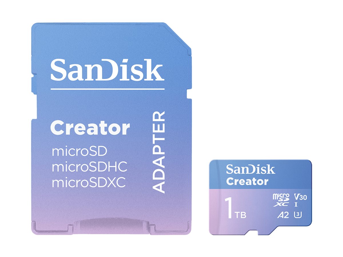 SanDisk Creator - Cartão de memória flash (adaptador microSDXC para SD Incluído) - 1 TB - A2 / Video Class V30 / UHS-I U3 - microSDXC UHS-I