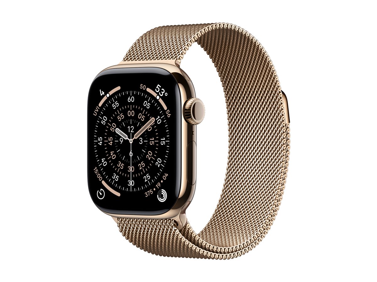 Apple Watch Series 11 (GPS + Cellular) - 42 mm - titânio dourado - relógio inteligente Com círculo milanês - rede de aço inoxidável - ouro - tamanho do pulso: 130-180 mm - 64 GB - LTE, Wi-Fi 4, UWB, Bluetooth - 5G - 34.6 g