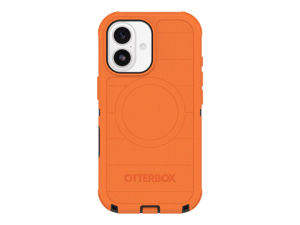 OtterBox Defender Series Pro - Tampa posterior para telemóvel - resistente - compatibilidade MagSafe - policarbonato, elastómero termoplástico (TPE), silicone, espuma visco-elástica - alta visibilidade (preto/laranja) - para Apple iPhone 17