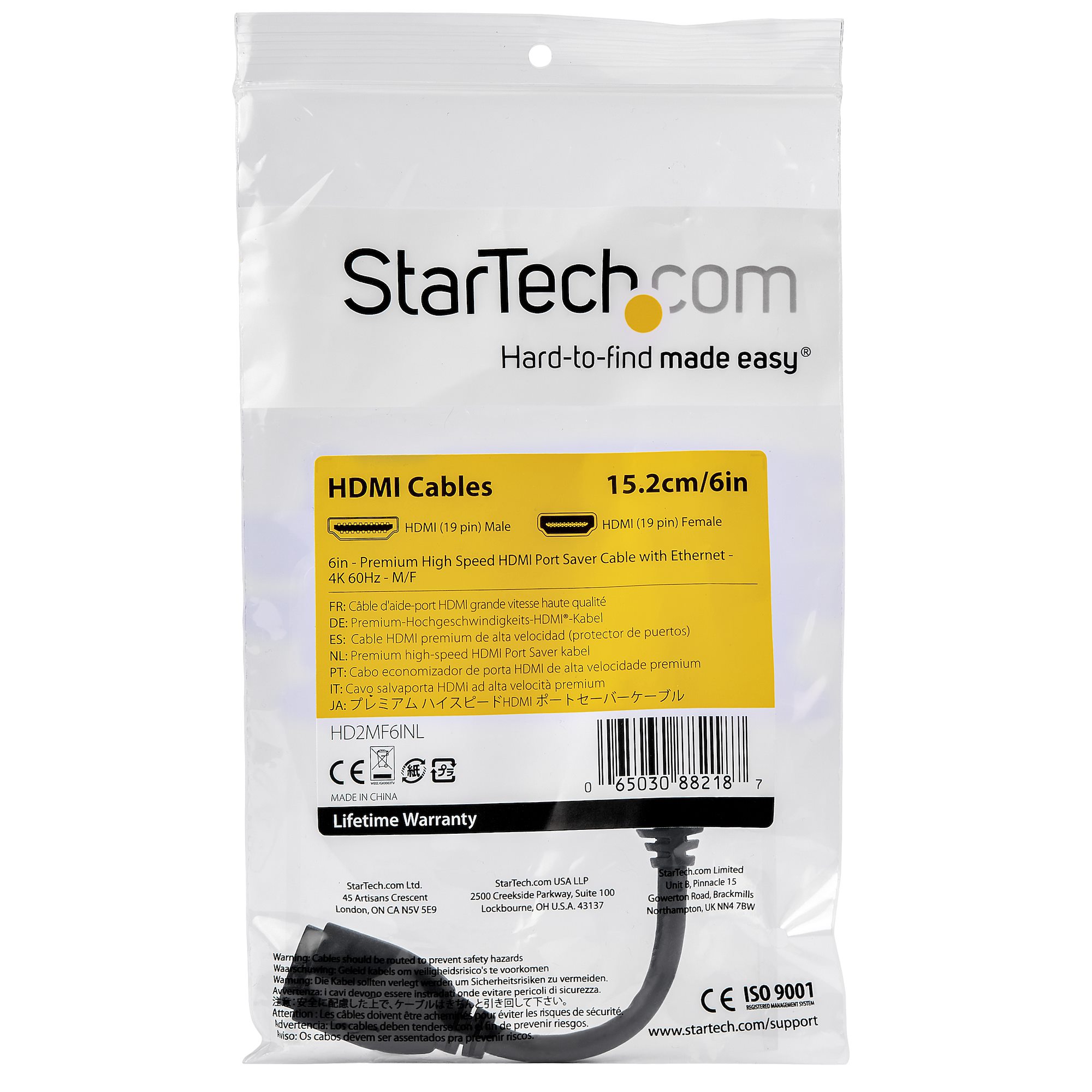 StarTech.com 6in High Speed HDMI Port Saver Cable with 4K 60Hz - Short HDMI 2.0 Male to Female Adapter Cable - Port Extender (HD2MF6INL) - Cabo de extensão HDMI - HDMI macho reto para HDMI fêmea reto - 15.2 cm - proteção dupla - preto - suporte de 4K - Image 4