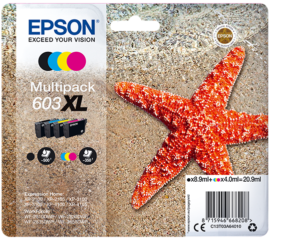 Epson 603XL Multipack - Pack de 4 - XL - preto, amarelo, azul cyan, magenta - original - blister com RF/alarme acústico - tinteiro - para Expression Home XP-2150, 2155, 3150, 3155, 4150, 4155, WorkForce WF-2820, 2840, 2845, 2870