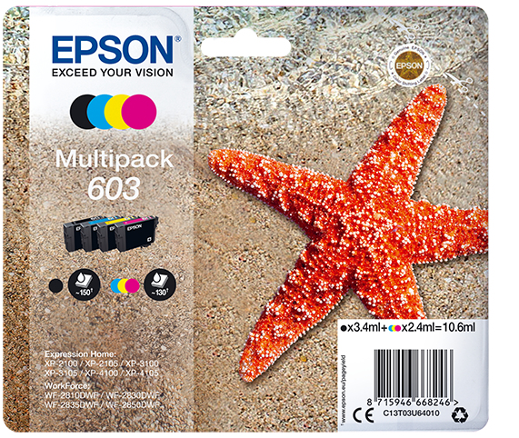 Epson 603 Multipack - Pack de 4 - preto, amarelo, azul cyan, magenta - original - blister com RF/alarme acústico - tinteiro - para Expression Home XP-2150, 2155, 3150, 3155, 4150, 4155, WorkForce WF-2820, 2840, 2845, 2870