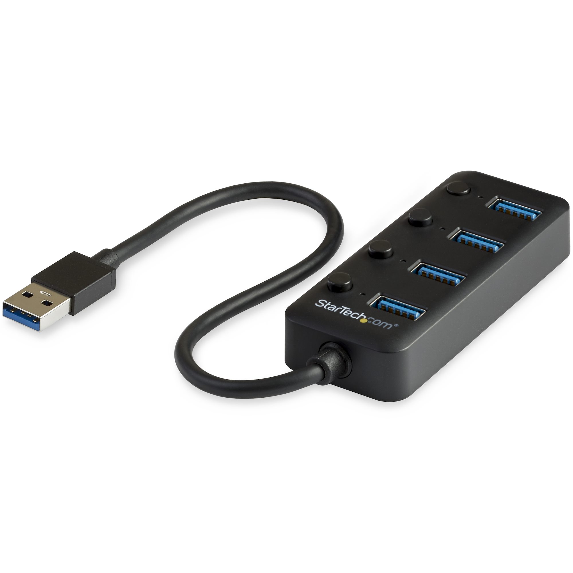 StarTech.com 4 Port USB 3.0 Hub, USB-A to 4x USB 3.0 Type-A with Individual On/Off Port Switches, SuperSpeed 5Gbps USB 3.1/USB 3.2 Gen 1, USB Bus Powered, Portable, 9.8" Attached Cable - Windows/macOS/Linux (HB30A4AIB) - Hub - 4 x USB 3.1 Gen 1 - des