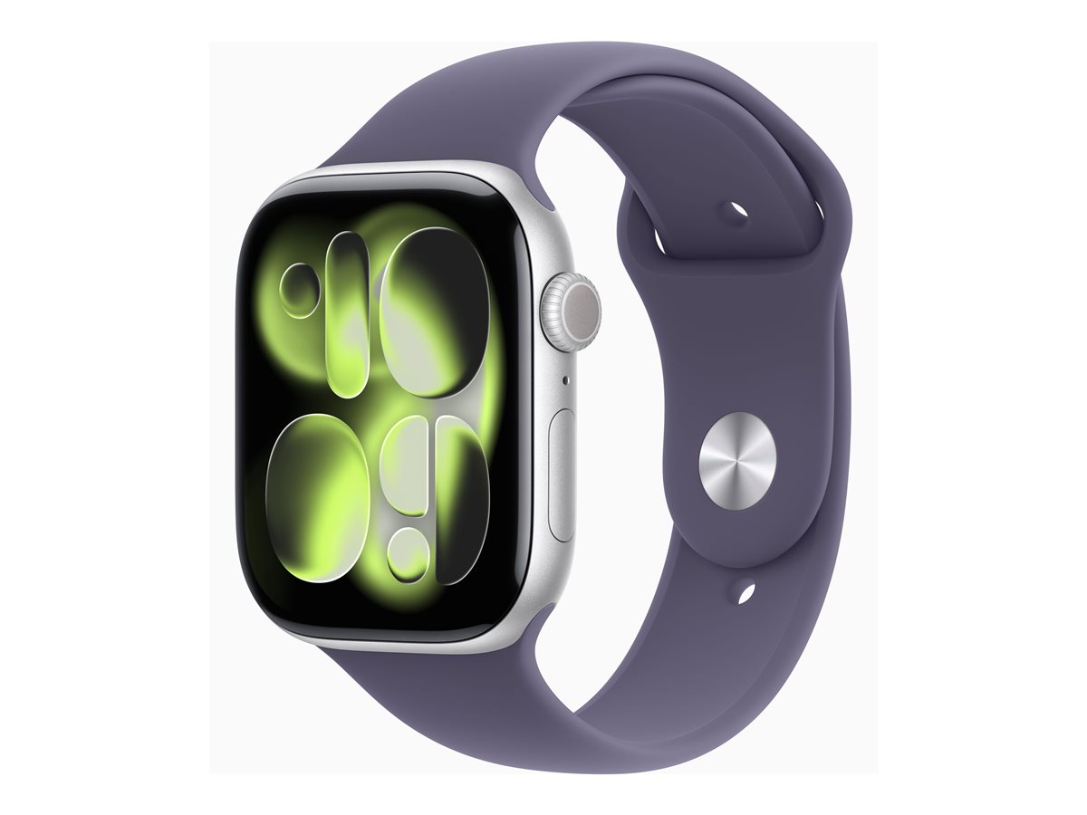 Apple Watch Series 11 (GPS) - 46 mm - alumínio prata - relógio inteligente Com banda de desporto - fluoroelastómero - neblina roxa - tamanho da banda: S/M - 64 GB - Wi-Fi 4, UWB, Bluetooth - 37.8 g
