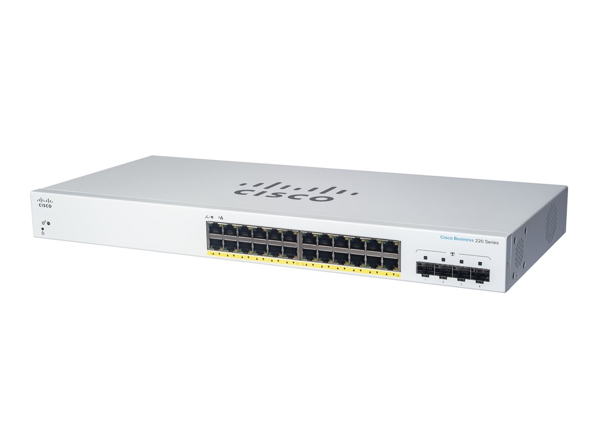 Cisco Business 220 Series CBS220-24T-4G - Interruptor - inteligente - 24 x 10/100/1000 + 4 x Gigabit SFP (ligação ascendente) - montável em trilho