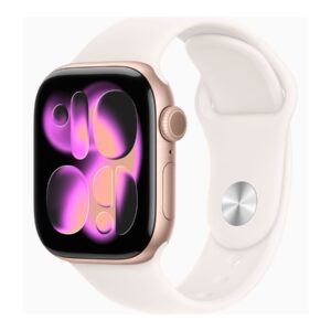 Apple Watch Series 11 (GPS) - 42 mm - alumínio dourado rosa - relógio inteligente Com banda de desporto - fluoroelastómero - rosado claro - tamanho da banda: M/L - 64 GB - Wi-Fi 4, UWB, Bluetooth - 30.3 g