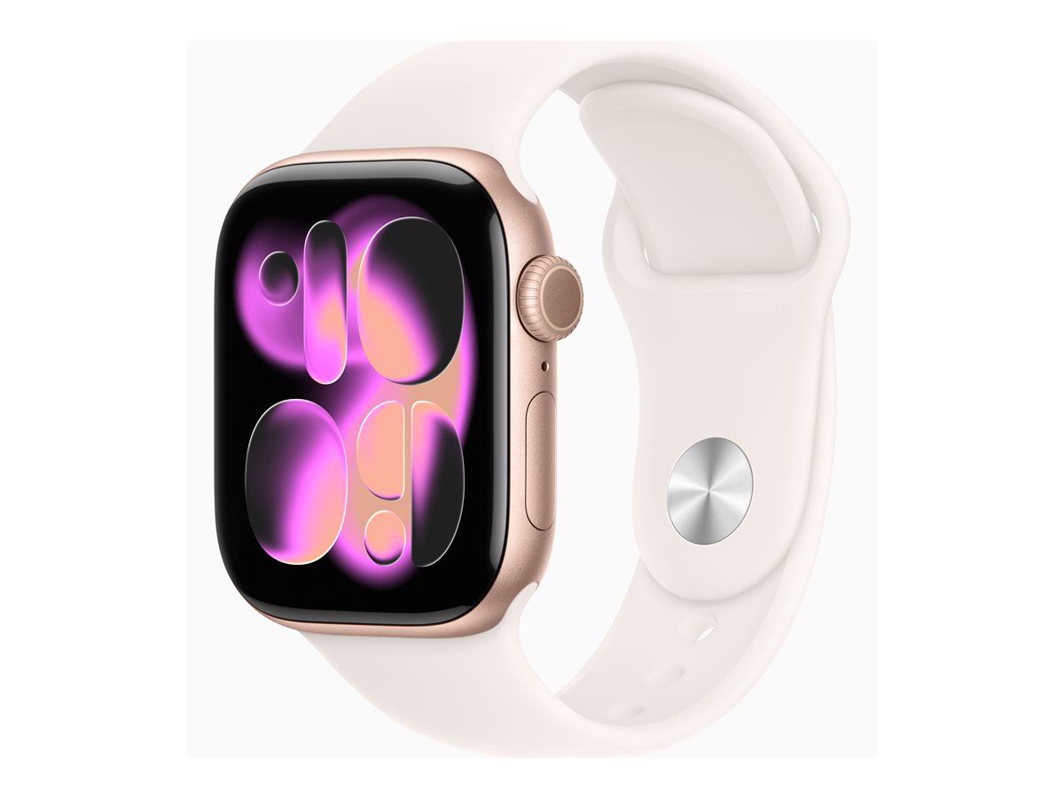 Apple Watch Series 11 (GPS) - 42 mm - alumínio dourado rosa - relógio inteligente Com banda de desporto - fluoroelastómero - rosado claro - tamanho da banda: M/L - 64 GB - Wi-Fi 4, UWB, Bluetooth - 30.3 g