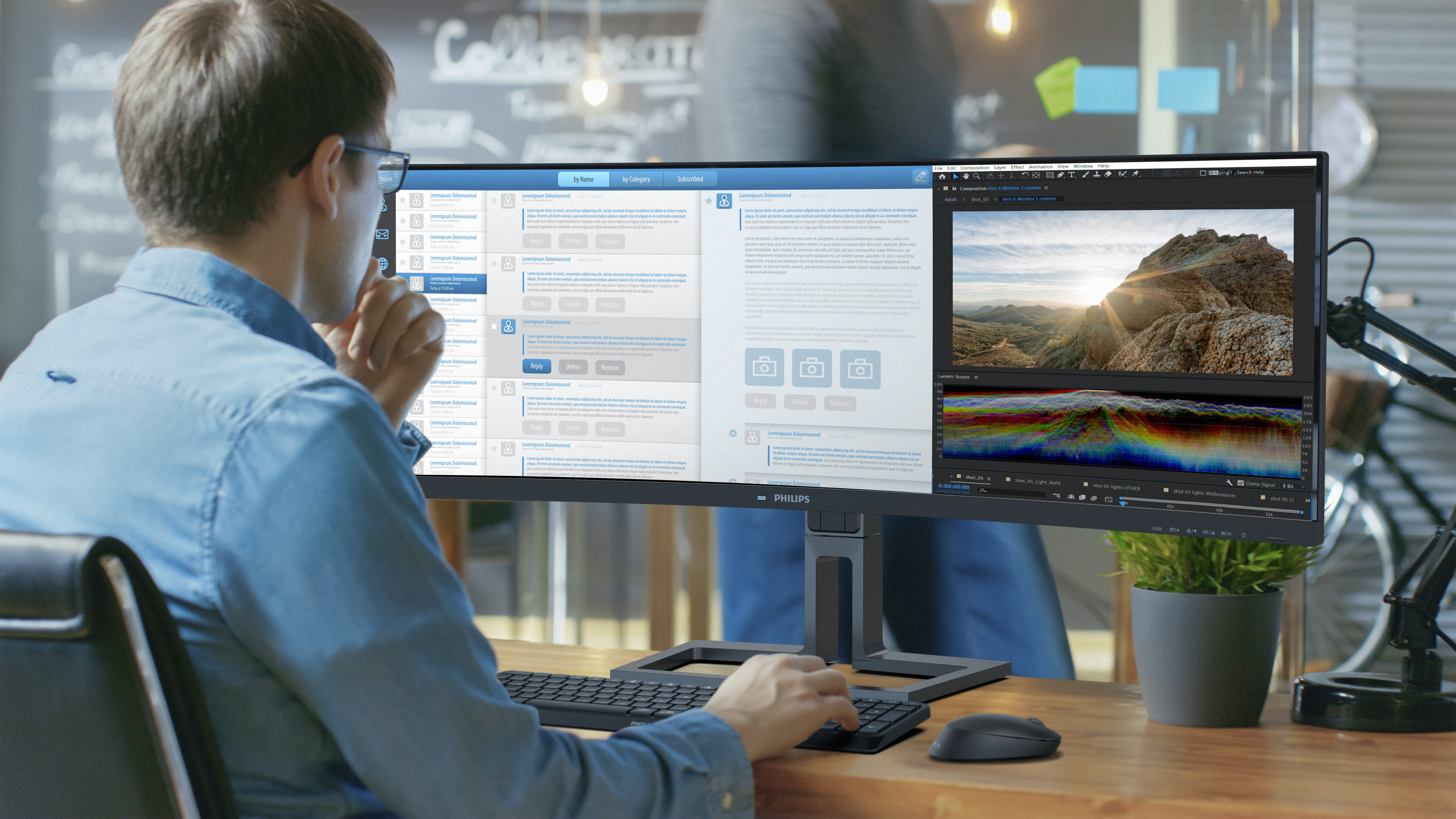 Analyst Works on a Personal Computer Showing Statistics, Graphs and Charts. In the Background His Coworker and Creative Office. Analyst Works on a Personal Computer Showing Statistics, Graphs and Charts. In the Background His Coworker and Creative Office.