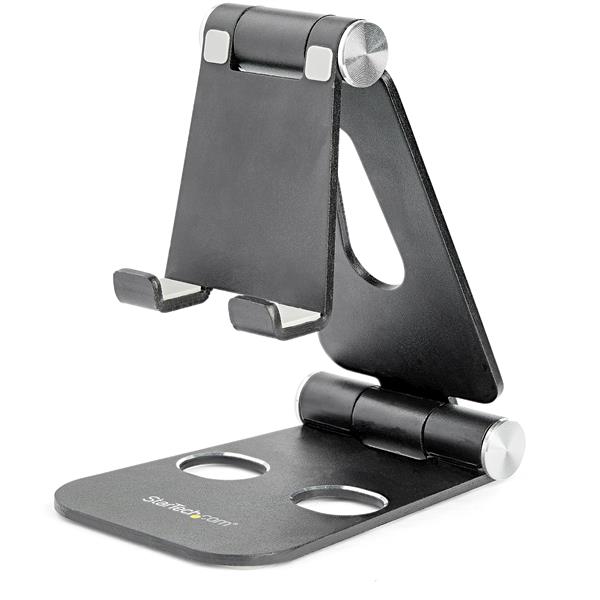 StarTech.com Phone and Tablet Stand, Foldable Universal Mobile Device Holder for Smartphones & Tablets, Adjustable Multi-Angle Viewing Ergonomic Cell Phone Stand for Desk, Portable, Black - Foldable Phone Holder (USPTLSTNDB) - Apoio de desktop para t