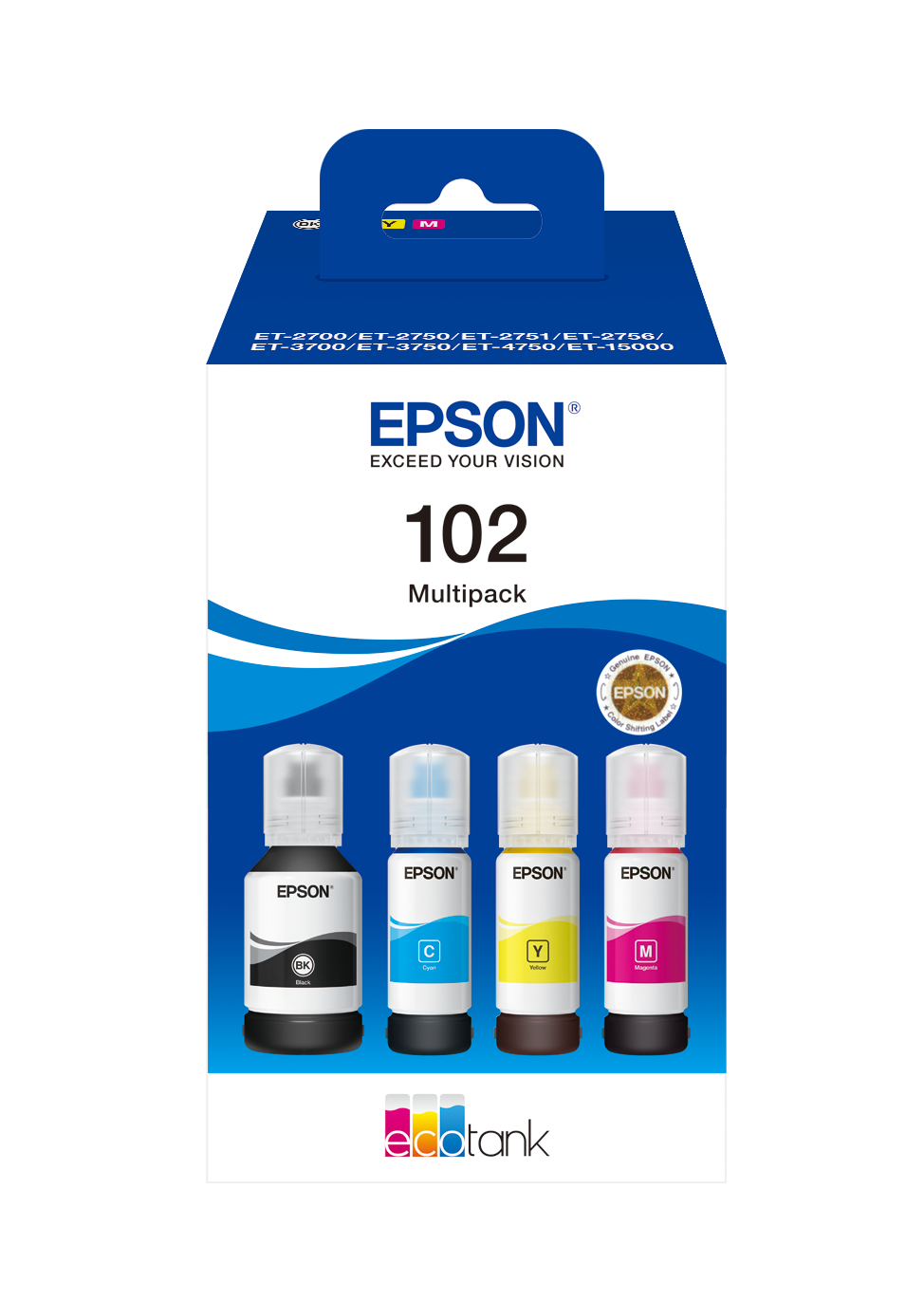 Epson 102 Multipack - Pack de 4 - preto, amarelo, azul cyan, magenta - original - tinteiro - para EcoTank ET-15000, 2750, 2751, 2756, 2850, 2851, 2856, 3850, 4750, 4850, 4856