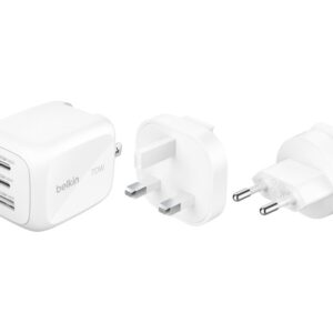 Belkin BoostCharge Pro - Adaptador de alimentação - GaN - 70 Watt - PD 3.1/PPS - 3 conectores de saída (2 x USB-C, USB) - branco - com kit de adaptadores de viagem
