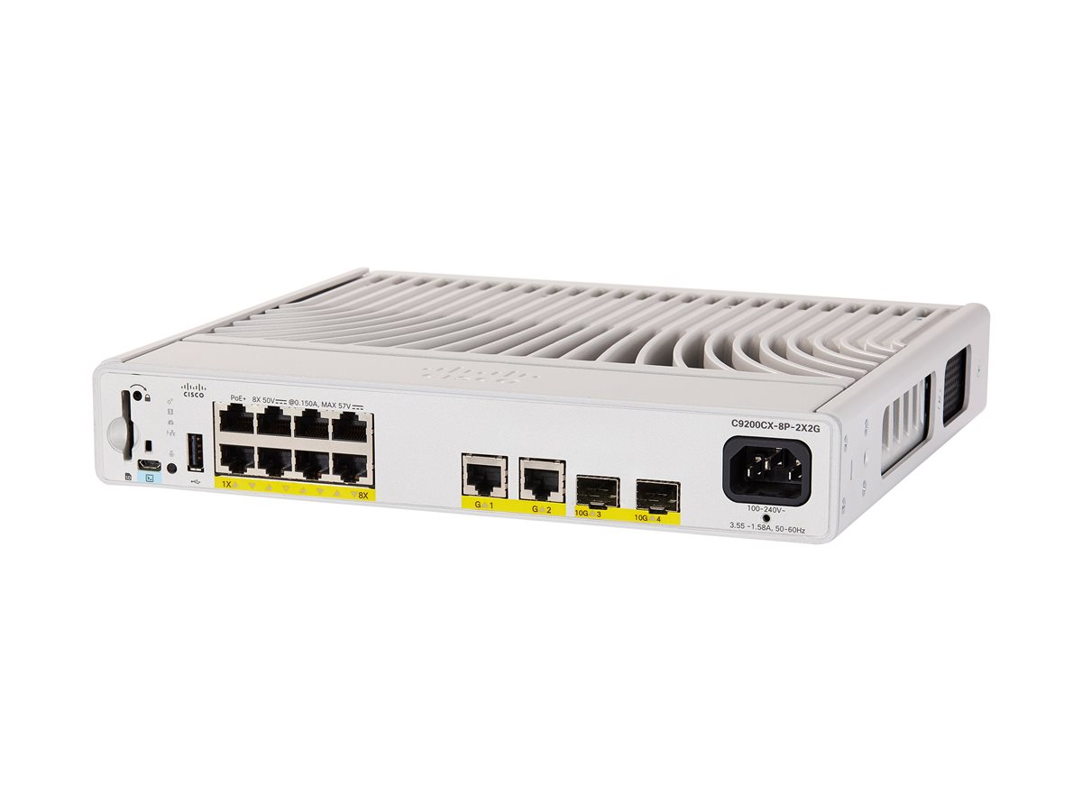 Cisco Catalyst 9200CX - Network Essentials - interruptor - compacto - L3 - Administrado - 8 x 10/100/1000 (PoE+) + 2 x 1000Base-T + 2 x 10 Gigabit SFP+ (uplink) - montável em trilho - PoE+ (240 W)