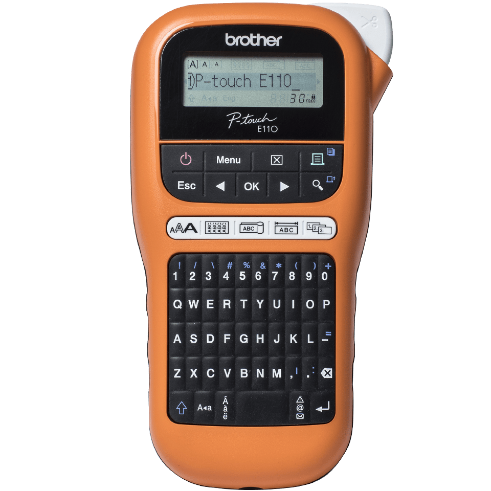 Brother P-Touch PT-E110VP - Etiquetadora - P/B - tranferência térmica - Rolo (1,2 cm) - 180 dpi - até 20 mm/ s - cortador - impressão de 2 linhas - preto, laranja