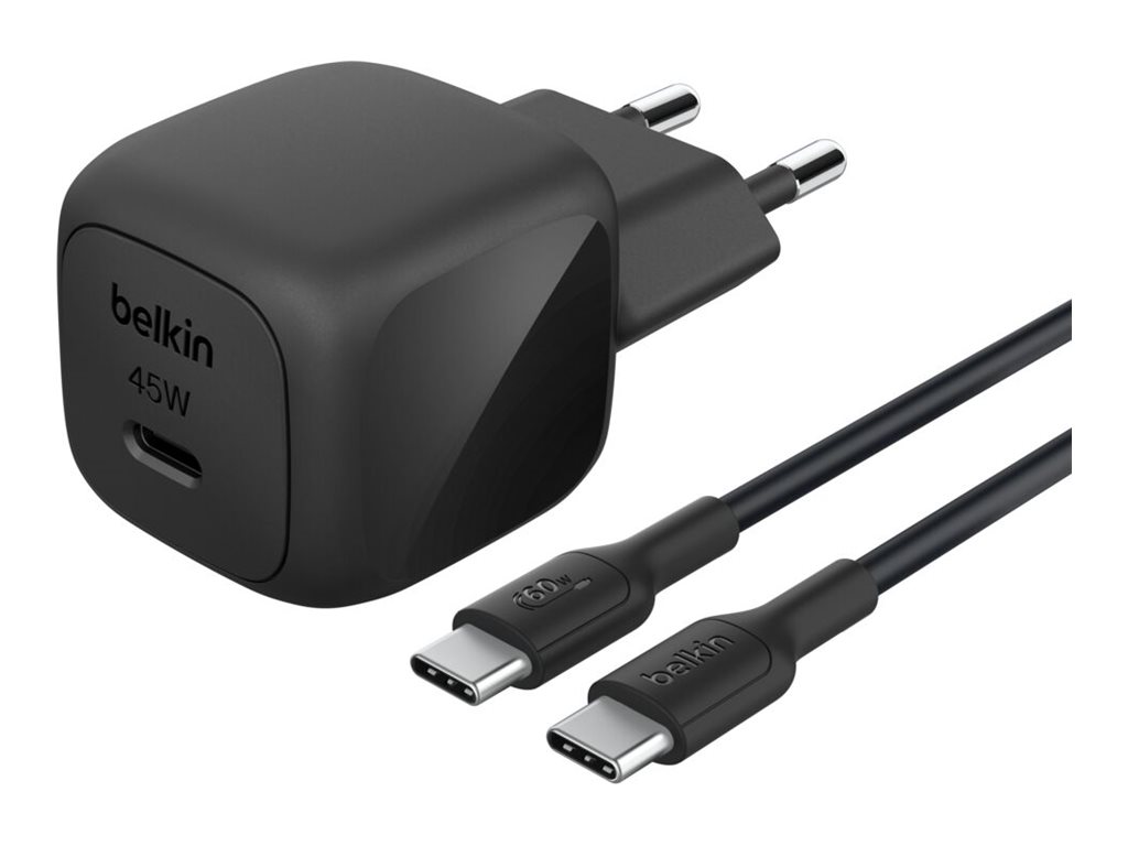 Belkin BoostCharge - Adaptador de alimentação - compacto - 45 Watt - Fornecimento de Energia 3.1, Fast Charge (USB-C) - no cabo: USB-C - com Cabo USB-C (1m)
