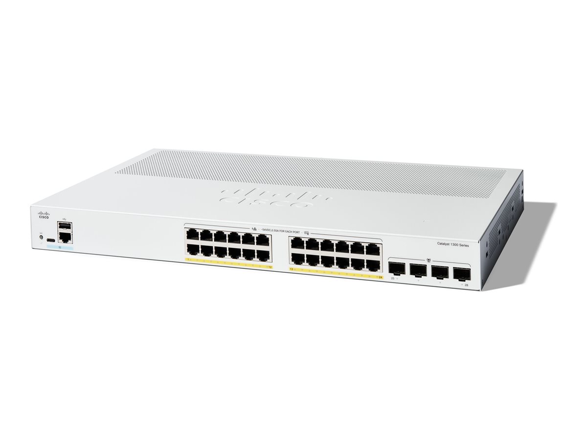 Cisco Catalyst 1300-24P-4G - Interruptor - L3 - Administrado - 24 x 10/100/1000 (PoE+) + 4 x 1 Gigabit SFP - montável em trilho - PoE+ (195 W)