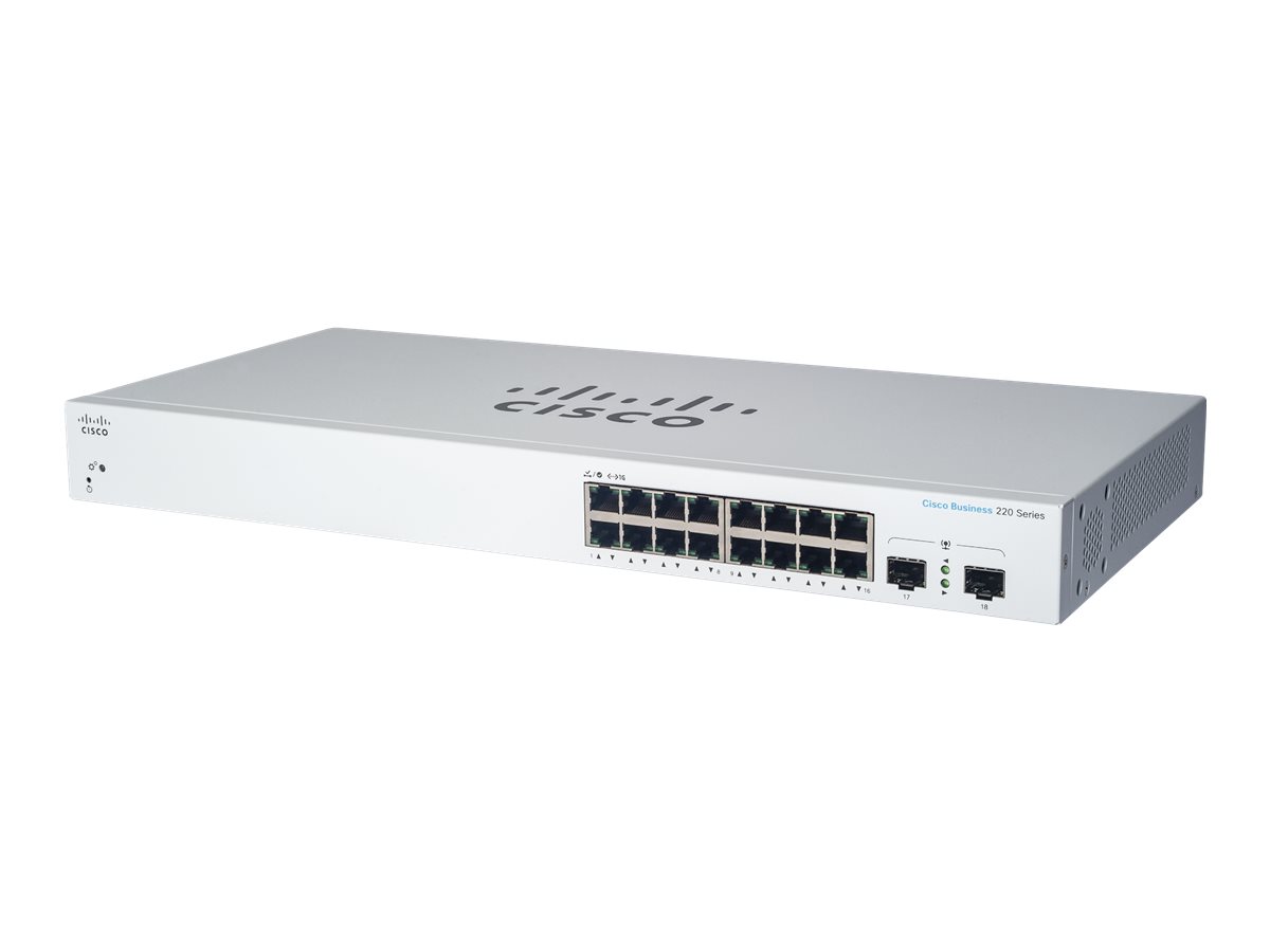 Cisco Business 220 Series CBS220-16P-2G - Interruptor - inteligente - 16 x 10/100/1000 (PoE+) + 2 x Gigabit SFP (ligação ascendente) - montável em trilho - PoE+ (130 W)