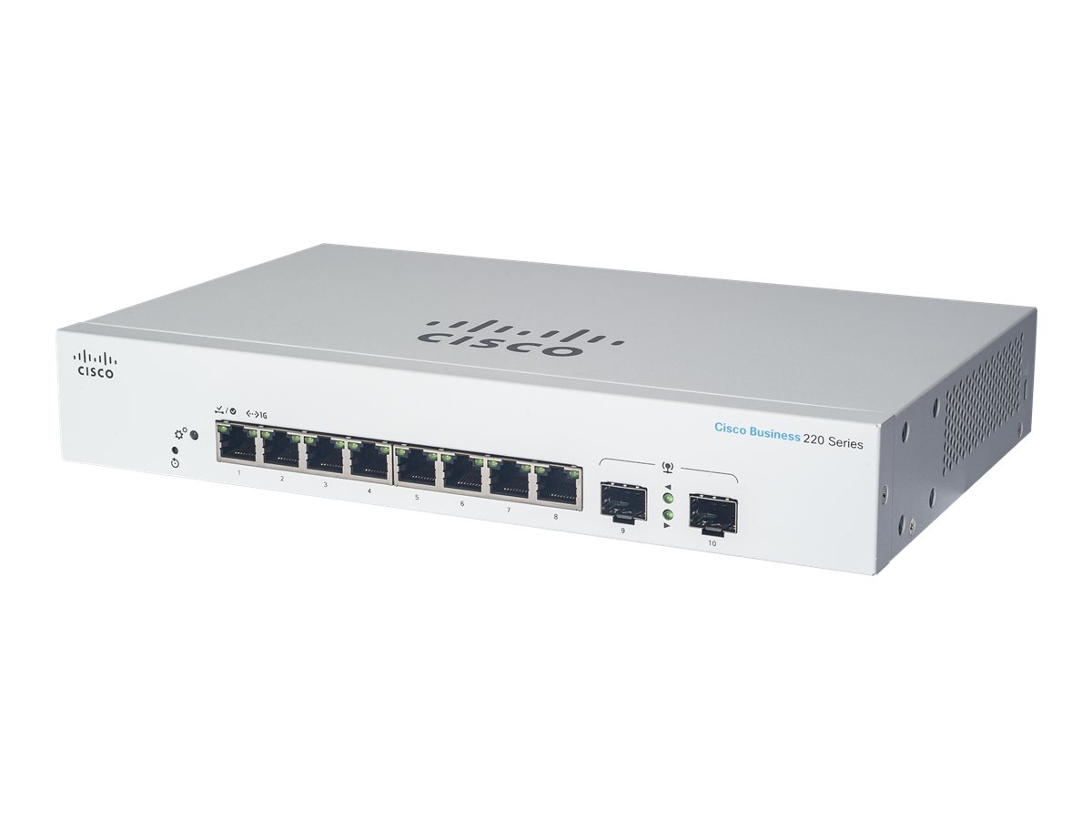 Cisco Business 220 Series CBS220-8FP-E-2G - Interruptor - inteligente - 8 x 10/100/1000 (PoE+) + 2 x Gigabit SFP (ligação ascendente) - montável em trilho - PoE+ (130 W)
