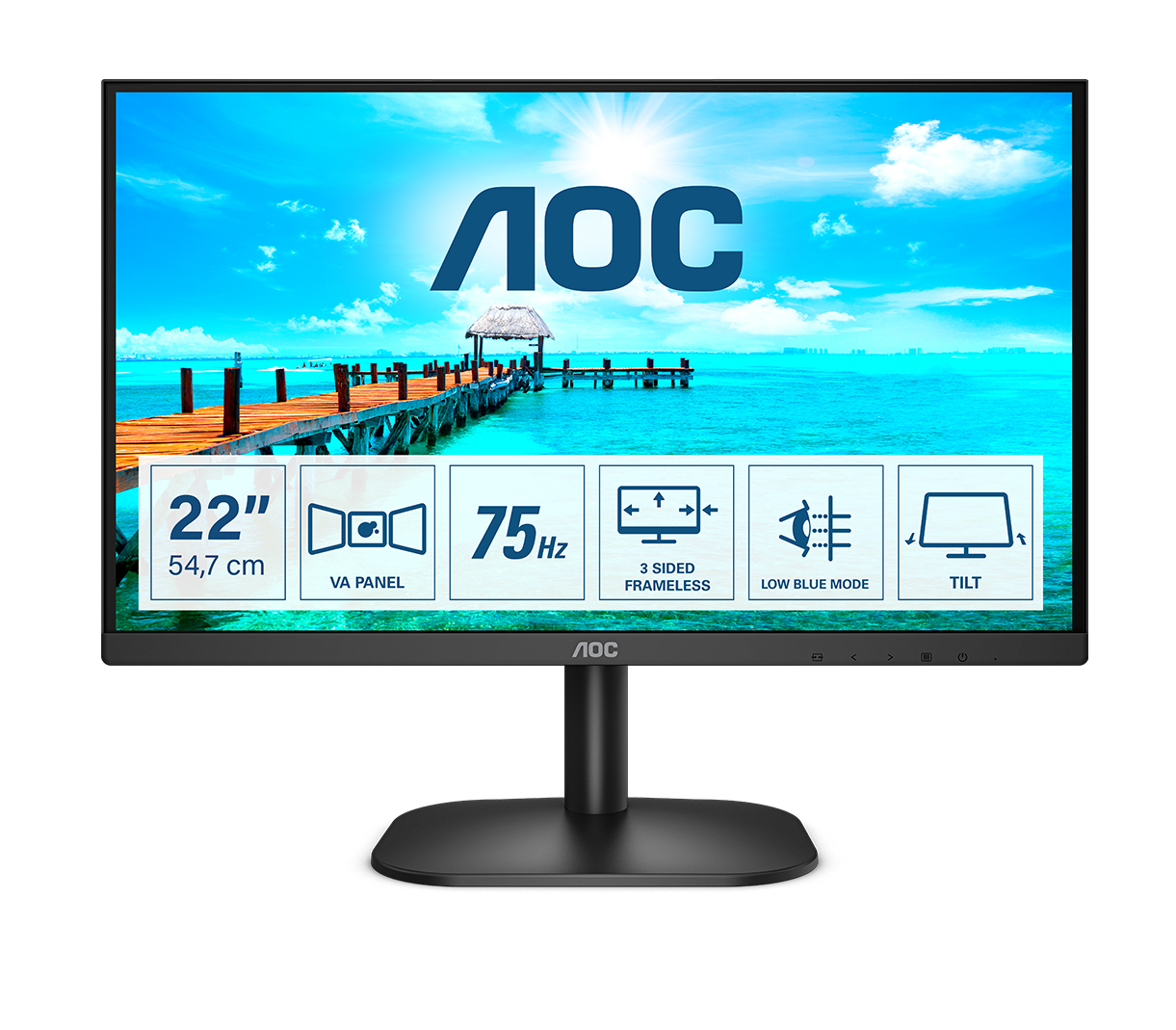 AOC 22B2H/EU - Monitor LED - 22" (21.5" visível) - 1920 x 1080 Full HD (1080p) @ 75 Hz - VA - 200 cd/m² - 3000:1 - 4 ms - HDMI, VGA - preto