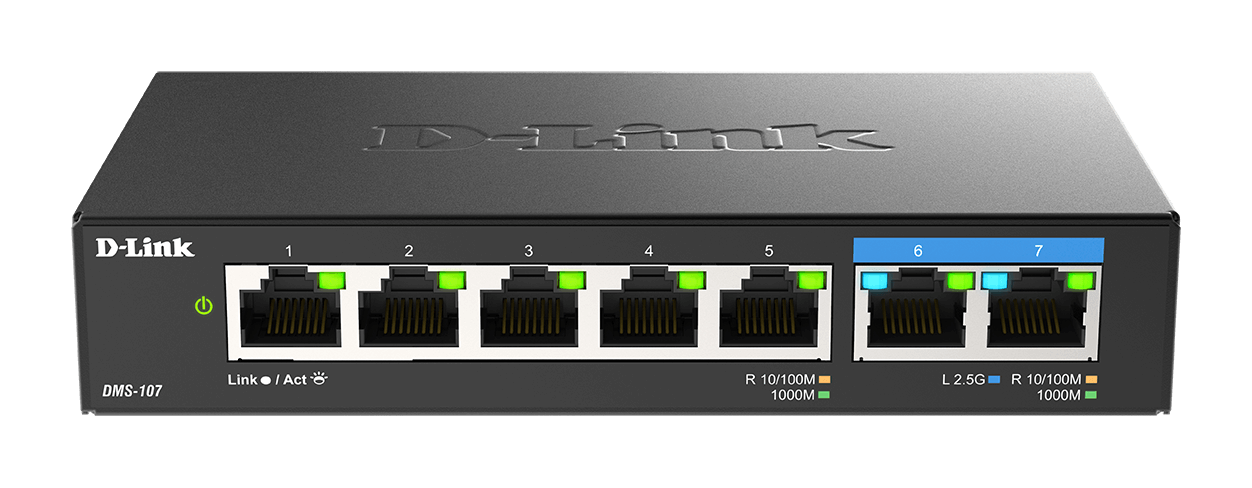 D-Link DMS-107 - Interruptor - sem gestão - 5 x 10/100/1000 + 2 x 2.5GBase-T - desktop, montável na parede