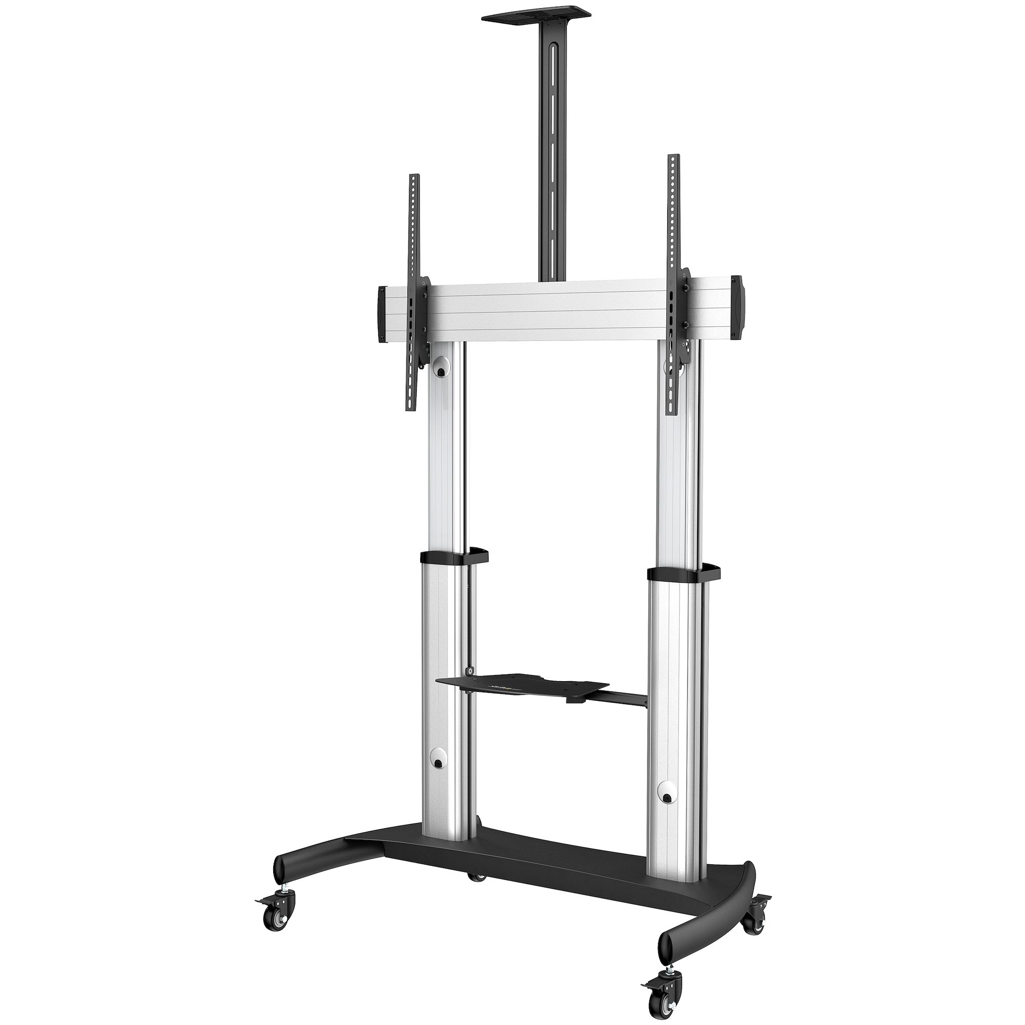 StarTech.com Mobile TV Stand, Heavy Duty TV Cart for 60-100" Display (100kg/220lb), Height Adjustable Rolling Flat Screen Floor Standing on Wheels, Universal Television Mount w/Shelves - W/ 2 equipment shelves - Carrinho - para painel liso - alumínio