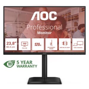 AOC 24E4CV - Monitor LED - 24" (23.8" visível) - 1920 x 1080 Full HD (1080p) @ 120 Hz - IPS - 300 cd/m² - 1500:1 - 4 ms - HDMI, DisplayPort, USB-C - altifalantes - preto