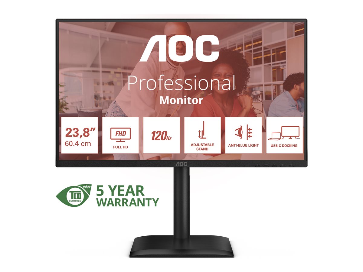 AOC 24E4CV - Monitor LED - 24" (23.8" visível) - 1920 x 1080 Full HD (1080p) @ 120 Hz - IPS - 300 cd/m² - 1500:1 - 4 ms - HDMI, DisplayPort, USB-C - altifalantes - preto