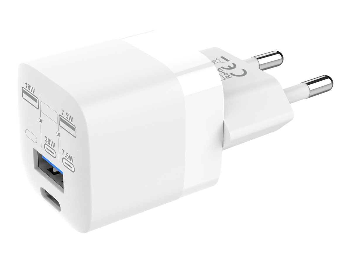 USB A and C Fast Charger with EU Plug adapter - from mfi certified factory - 30 w - 5v 3a or 9v 3a or 12v 2.5a or 15v 2a or 20v 1.5a - USB c socket - USB a socket - EU CEE 7/7 schuko plug - gallium nitride (gan) transistors makes it very compact - fa