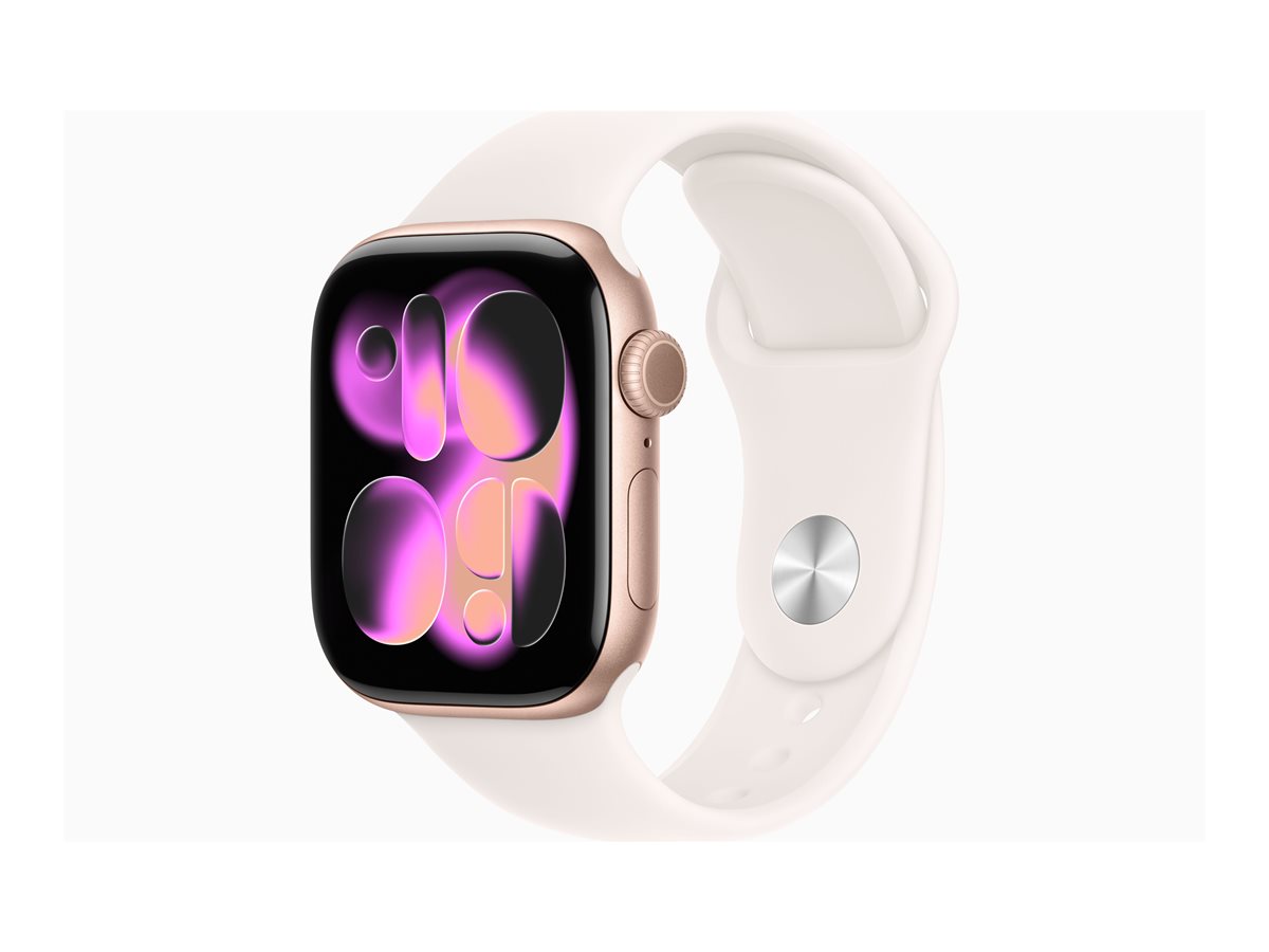 Apple Watch Series 11 (GPS) - 42 mm - alumínio dourado rosa - relógio inteligente Com banda de desporto - fluoroelastómero - rosado claro - tamanho da banda: S/M - 64 GB - Wi-Fi 4, UWB, Bluetooth - 30.3 g