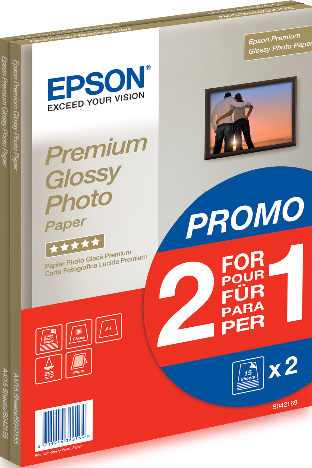 Epson Premium Glossy Photo Paper BOGOF - Brilhante - A4 (210 x 297 mm) - 255 g/m² - 15 folha(s) papel fotográfico (pacote de 2) - para EcoTank ET-2650, 2750, 2751, 2756, 2850, 2851, 2856, 4750, 4850