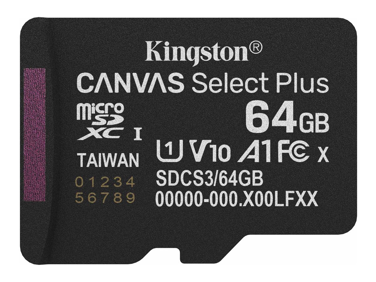 Kingston Canvas Select Plus - Cartão de memória flash - 64 GB - A1 / Video Class V10 / UHS-I U1 / Class10 - microSDXC UHS-I