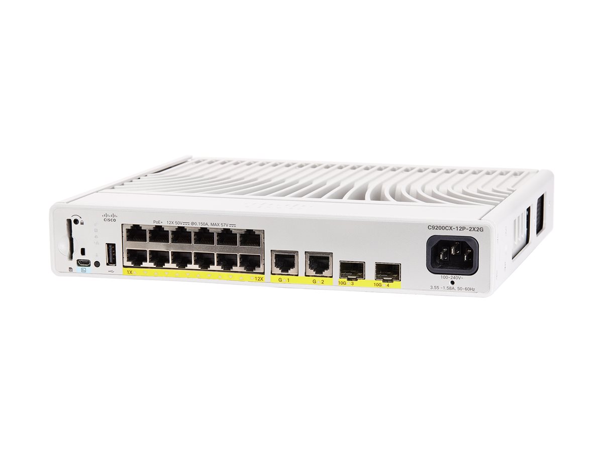 Cisco Catalyst 9200CX - Network Essentials - interruptor - compacto - L3 - Administrado - 12 x 10/100/1000 (PoE+) + 2 x 1000Base-T + 2 x 10 Gigabit SFP+ (uplink) - montável em trilho - PoE+ (240 W)