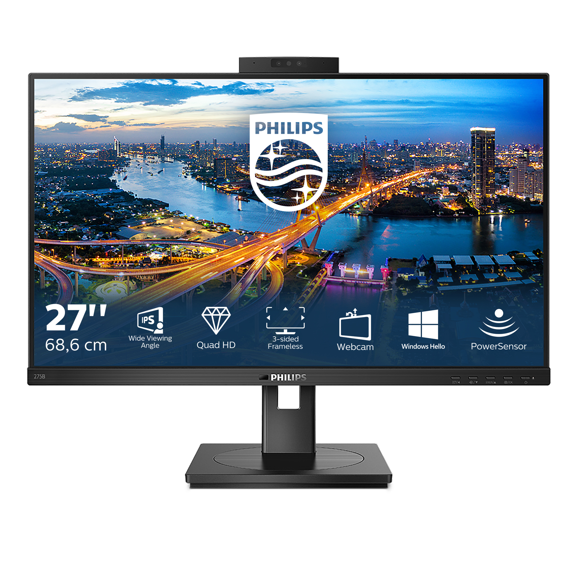 Philips B Line 275B1H - Monitor LED - 27" - 2560 x 1440 QHD @ 75 Hz - IPS - 300 cd/m² - 1000:1 - 4 ms - HDMI, DVI-D, DisplayPort - altifalantes - textura preta