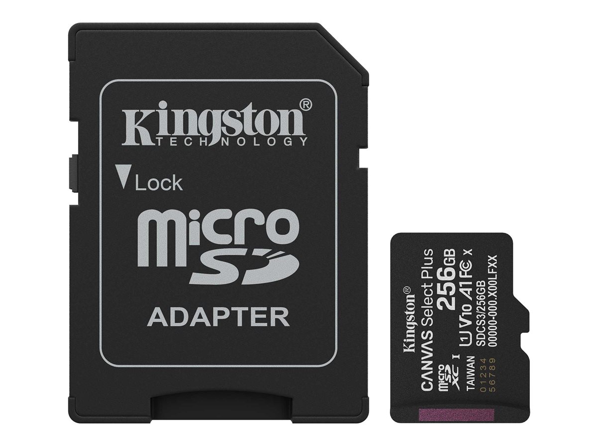 Kingston Canvas Select Plus - Cartão de memória flash (adaptador SD Incluído) - 256 GB - A1 / Video Class V10 / UHS-I U1 / Class10 - microSDXC UHS-I