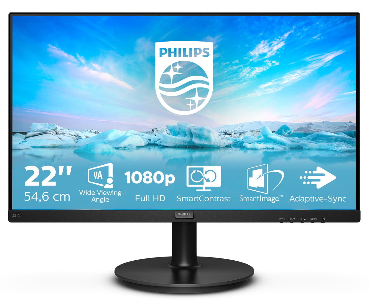 Philips V-line 221V8A - Monitor LED - 22" (21.5" visível) - 1920 x 1080 Full HD (1080p) @ 75 Hz - VA - 200 cd/m² - 4000:1 - 4 ms - HDMI, VGA - altifalantes - preto texturizado